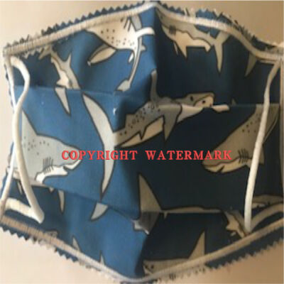 FACEMASK - NON-MEDICAL HOMEMADE MASK -2-PLY CLOTH - WASHABLE- SHARKS ON BLUE  Thumbnail
