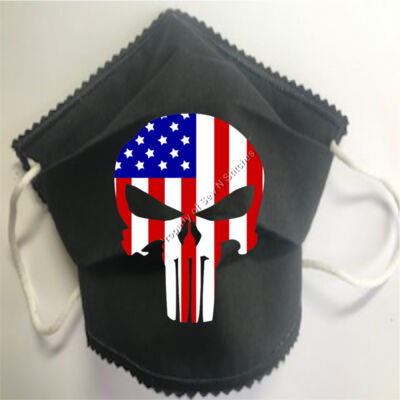 FACEMASK - NON-MEDICAL HOMEMADE MASK -2-PLY CLOTH - WASHABLE- BLACK Punisher with American Flag Thumbnail