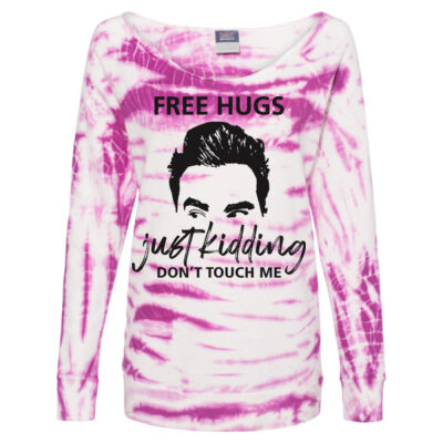 FREE HUGS - JUST KIDDING - MV Women's French Terry Off-the-Shoulder Tie-Dyed Sweatshirt Thumbnail