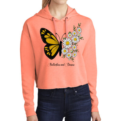 BUTTERFLIES AND DAISES - SPORT TEK ® Ladies PosiCharge ® Tri Blend Wicking Fleece Crop Hooded Pullover  Thumbnail