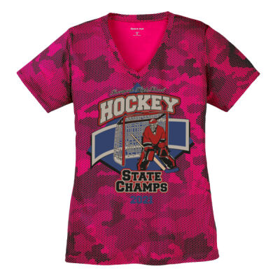 HOCKEY STATE CHAMPS - SPORT -TEK Ladies CamoHex V Neck Tee Thumbnail